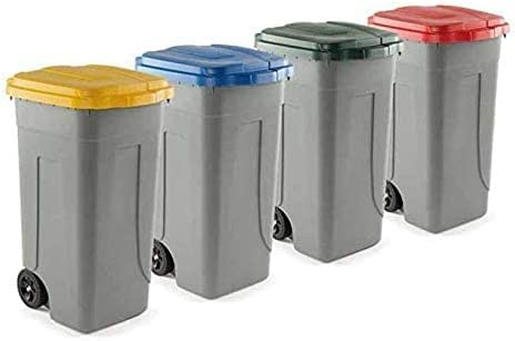 MOBIL PLASTIC S.P.A. Kit 4 bidoni raccolta differenziata | Contenitori 80 lt. Giallo + Blu + Rosso + Verde | 4 Pattumiere con ruote incluse | Secchi Spazzatura 80 Lt | Contenitori Rifiuti