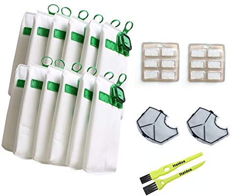 Italdos Kit de Bolsa Aspiradora Compatible para Vorwerk Kobold VK140 VK150 con Filtro HEPA de Repuesto - 12 Bolsas + 2 Filtros de Motor + 12 Parafumes + 2 Cepillos de Limpieza