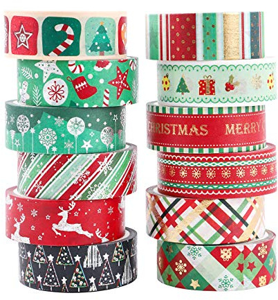 Washi Tape Set 12 rullar jul guld silver washi maskeringstejp dekorativ tejp för scrapbooking gör-det-själv hantverk hantverkare förskönar journals planerare kort presentförpackning band bröllop