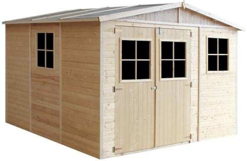 Casa da giardino in legno naturale CON PAVIMENTO IMPREGNATO A226x316x324 cm/9 m²- Magazzino esterno con finestre - Capanno da giardino - Bici, Deposito attrezzi e rimessa TIMBELA M335+M335G