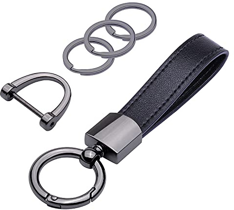 wisdompro Genuine Leather Car Keychain, Keyrings for Car Keys, Car Key Fob Keychain, Leather Keychain Strap with Anti-lost D-Ring, Leather Key Chain Holder for Men and Women - Black