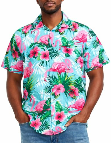 King Kameha Camicia Hawaiana Uomo a Maniche Corte con Stampa Fenicottero Colorato