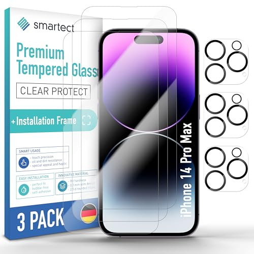 smartect Schutzglas 3 + 3 Stück für iPhone 14 Pro Max, Displayschutz + Kameraschutz, inkl. Positionierhilfe, HD Schutzfolie Anti-Kratzer, 0.3 mm Ultra-klar, 9H Härte, Stoßfest, Blasenfrei