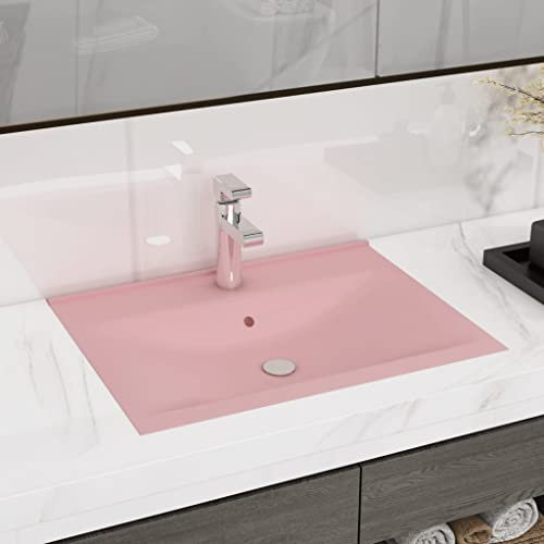 WIFESE Lavandino con Foro Rubinetto Rosa Opaco 60x46x16 cm in Ceramica Lavabo Da Appoggio Lavabo Bagno Sospeso Lavandino Da Appoggio Lavabo Sospeso Mobile Sospeso Bagno Lavatoio Ceramica