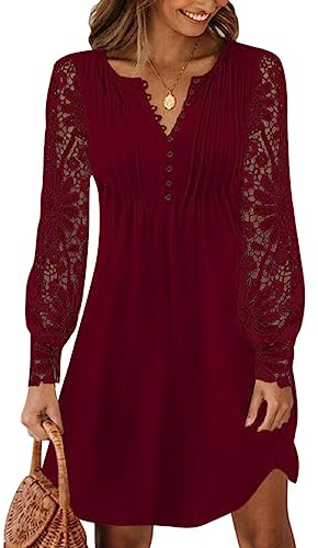 Minetom Dentelle Robe Femmes Élégante Col V Mini de Vacances Plage Soirée Fête Casual Tunique Shirt A Rouge M