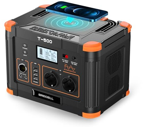 Tragbare Powerstation 500W/519Wh, Grecell Powerstation (Spitze1000W),Geräuschlos,Schnelles Aufladen,Umweltfreundlich Solargenerator für Camping,Wohnmobil und Notfall zu Hause