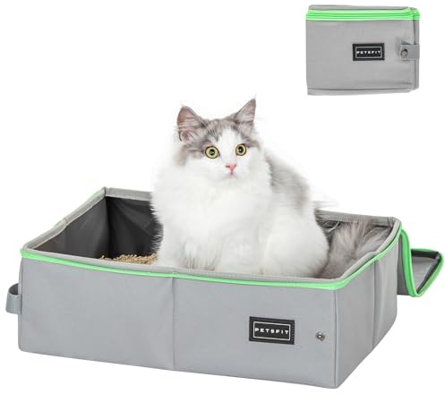 PETSFIT Travel Litter Box for Cats, With lid, Waterproof Bottom, Zipped Top Litter Box, Standard Cat Litter Boxes, Leak-Proof, Lightweight Grey Green, 40cm x 30cm x 12cm
