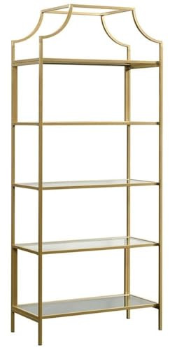 BOWERY HILL Modern Metal Bookcase, 70.87 in H x 30 in W, Satin Gold Finish, 5 Shelves with Safety-Tempered Glass, Open Shelving for Office or Living Room Storage and Display