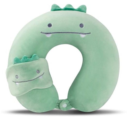 Fadcaer Cuscino da Viaggio Cuscino da Viaggio per Bambini con Maschera per Gli Occhi Cuscino per il Collo a Forma di U in Schiuma di Memoria Pura al 100% per i Viaggi per Adulti e Bambini (verde)