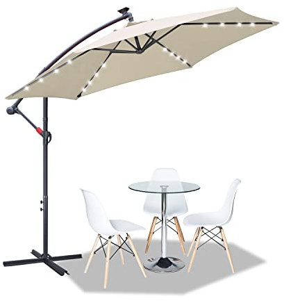 Tubiaz Sonnenschirm 300cm Groß Ampelschirm LED Solar Inkl. Alu Kurbelschirm mit Ständer UV-Schutz Parasol Wasserdicht Gartenschirm Marktschirm für Balkon, Garten, Terrasse,Beige