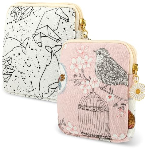 Cobee 2PCS Sanitary Pad Storage Bag, Cute Sanitary Napkin Storage Purses | Portable Period Bag with Daisy Zipper Panty Liner Tampon Menstrual Cup Nursing Pad Holder Pouch for Girls Women Travel
