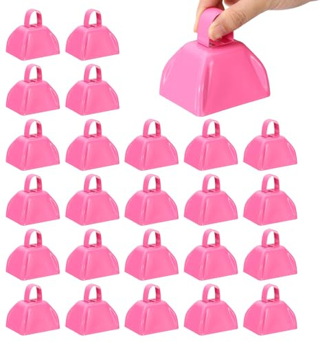 PATIKIL 24 Stück für Fußballspiele 3-Zoll-Kuhglocken mit Griff Pink | für Sportveranstaltungen in großen Mengen, laute Geräuschemacher aus Metall, zum Jubeln bei Hochzeiten, Kuhglocken