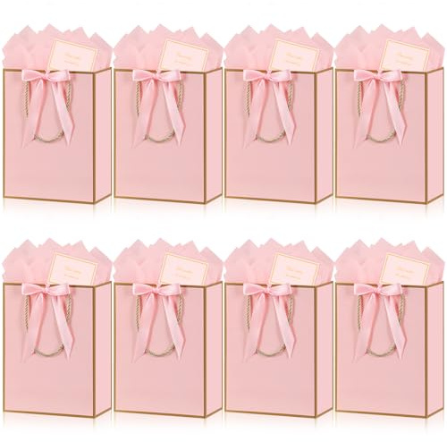 BBLIKE Geschenktüten Geschenktüte mit Henkel - 8 Geschenktasche + 8 Grußkarten + 8 Sydney Paper, Geschenktaschen, Geschenkverpackung für Geburtstag, Geschenk, Feier, Hochzeit,Rosa