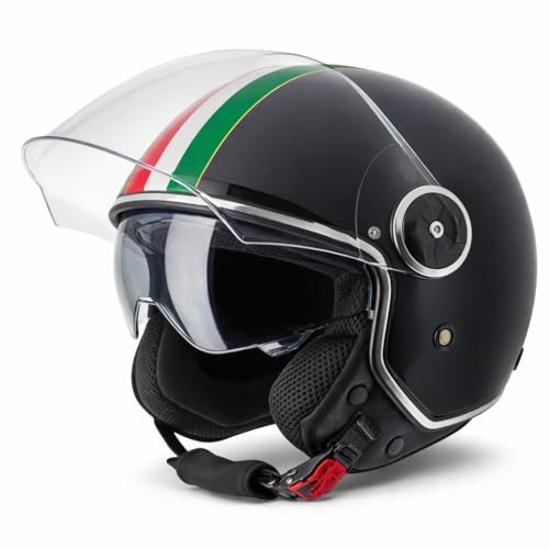 VINZ Neiva Jethelm mit Doppelvisier | Roller Helm mit Italienische Flagge & mit Sonnenblende | In Gr. XS-XXL | ECE 22.06 Zertifiziert | Motorradhelm mit Visier | Viele Farben Erhältlich - Matt Schwarz