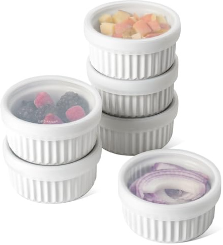 LE TAUCI Ramekins with Silicone Lids, 8 OZ Ceramic Soufflé Dishes, Ramekin Bowls for Crème Brûlée, Dessert, Dips, Oven & Microwave Safe, Set of 6, White