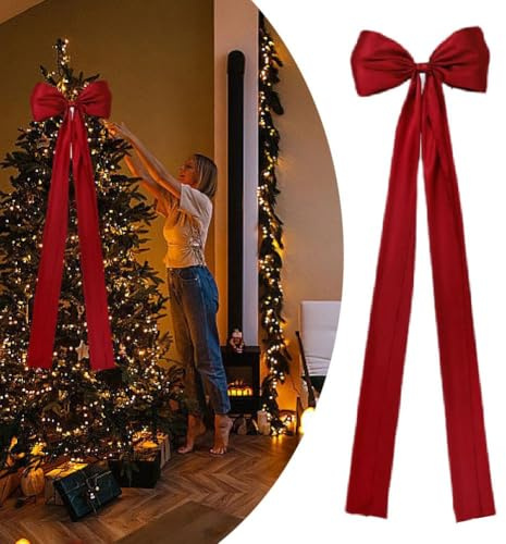 Fiocco Extra Large per Albero di Natale - Gigante in Raso con Nastro Lungo Stelle Filanti, Decorazioni per Feste e Ghirlande