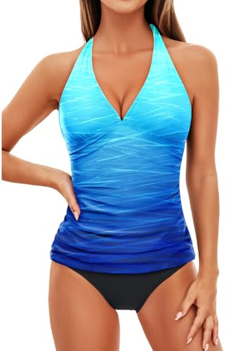 Holipick Blue Gradient Two Piece Tankini Bathing Suits for Women Tummy Control Swimsuits Sexy V Neck Halter Tankini Top with Bikini Bottom L