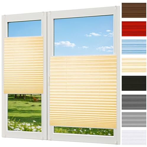 Plissee Ohne Bohren Klemmfix 90 x 100 cm Blickdicht Sichtschutz Sonnenschutz Plise Plisee Plisse Rollo mit Klemmträger Easyfix für Fenster & Tür, Creme Farben