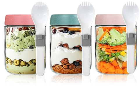 BigNoseDeer Overnight Oats Gläser Meal Prep Gläser Einmachgläser mit Schraubdeckel Porridge Becher To Go Auslaufsicher Dessertgläser mit Deckel für Salat Joghurt Pudding Marmelade 3er-Pack 460ml