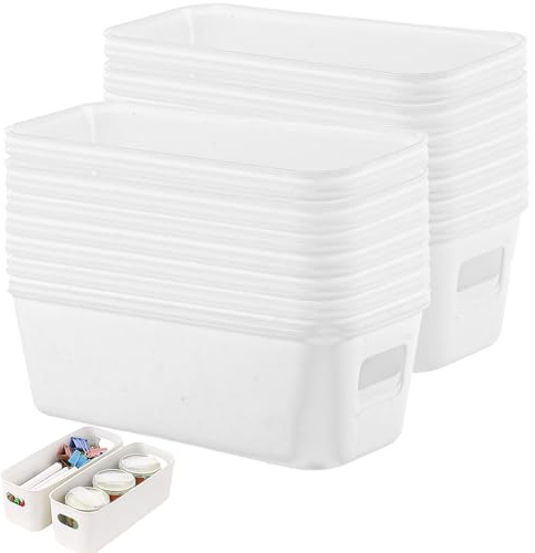 MUXHEL 18 Pack Small Storage Baskets 22x9x6.5cm White Plastic Storage Box with Built-in Handles Narrow Small Plastic Storage Baskets for Shelves Drawers and Kitchen Cupboard Bathroom Storage Baskets