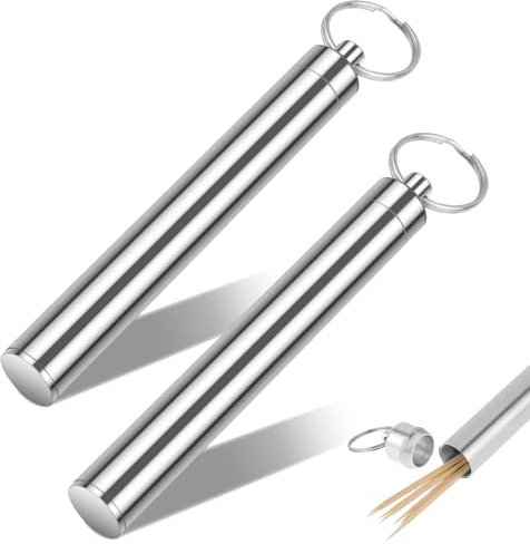 QZKJQDD 2 Pcs Toothpick Holder Metal Portable, Pocket Waterproof Case Toothpicks Container with Keychain, Mini Toothpick Dispenser for Storage Toothpick Needle Pill Swab for Camping Travel Picnic