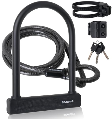 Lohaswork Bike Lock, Heavy Duty Anti Theft Bicycle Lock, U Lock with 6Ft Steel Cable, Locks with 3 Key & Mounting Bracket for Electric Bike Scooter Motorcycle Door Gate