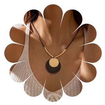 Cybche Boho Large Round Disc Pendant Necklace Choker Black Leather Cord Hollow Mesh Statement Necklace Circle Coin Waxed Rope Chain Necklaces Jewelry for Women