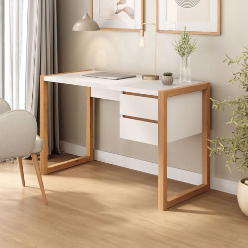 IDIMEX Schreibtisch Belinda mit 2 Schubladen, Weiß/Eiche – Home Office Tisch aus Kiefer Massivholz, Modernes Design mit praktischem Stauraum