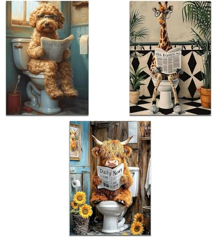 Fakcrkun 3 Pcs Funny Bathroom Animal Wall Art, Animals Bathroom Decor, Vintage Humor Wall Picture, Animal Reading Newspaper On Toilet Pictures for Toilet Bathrooms Decor, 12×16in