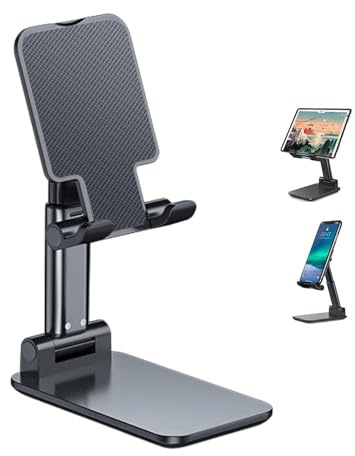 Lonwiner Handy Ständer Verstellbare, Handyhalterung Tisch Halter Tablet Ständer Höhenverstellbar Telefonständer Stabile Handyhalterung aus Metall, Schwarz