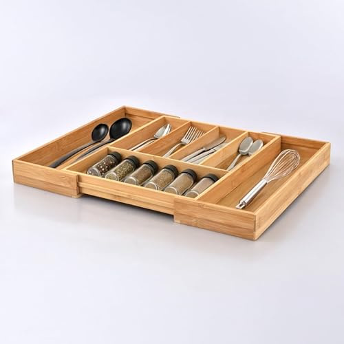 Générique Range-couverts extensible en bambou – Organisateur tiroir cuisine 33-56×43,2×5 cm – Plateau de rangement modulable pour couverts et ustensiles