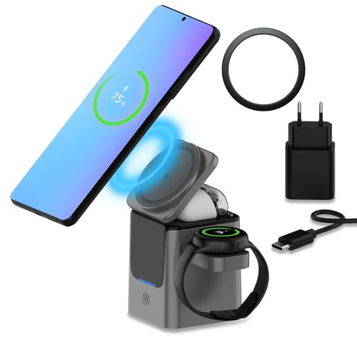 Chargeur sans Fil pour Samsung par MMOBIEL - 15W Support de Charge sans Fil 3 en 1 pour MagSafe Samsung Galaxy S26/S25/S24/S23 Séries,Galaxy Watch 8/7/6,Galaxy Buds- Adaptateur 25W & Anneau Magnétique