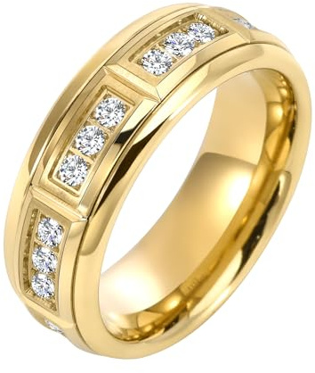 Tioneer Mens Wedding Band Tungsten Tungsten Carbide Rings for Men with Polished Step Edges Cubic Zirconia Comfort Fit Size 14 Gold