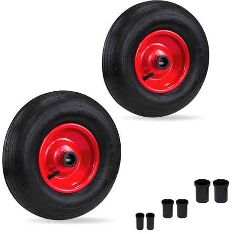 Crystals 2x 14 (4.00-6) PU Wheelbarrow Wheels – Heavy Duty Solid Tyres Replacement for Garden Cart, Trolley, Barrow, Go Kart, Trailer Truck, with 3 Axle Adapters – Red