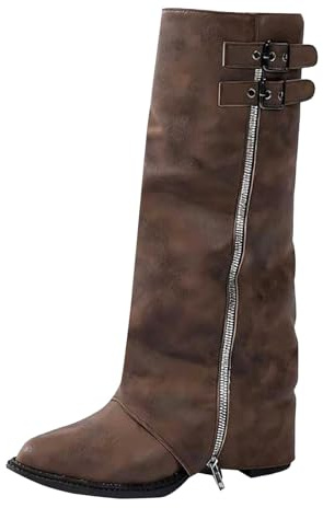 TDEOK Slouchy Stövlar dam läder vikt över vida stövlar lång skaft damstövlar spets Chelsea stövlar vinter cowboy stövlar bekväma vinterstövlar utomhus vindtäta långa stövlar för höst, BRUN, 37 EU