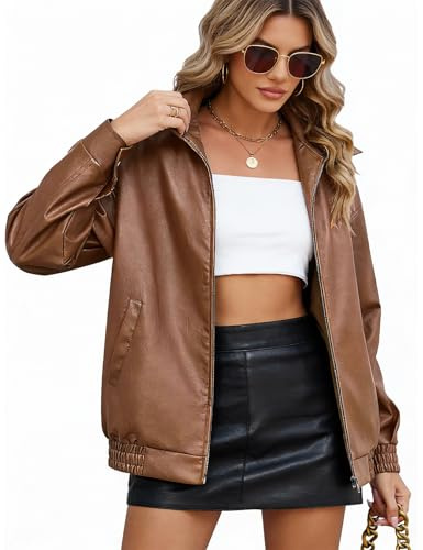 CMTOP Giacca Donna Pelle Giacca Similpelle Donna Giubbotto in PU Ecopelle, Moda Y2k Giacche Casual Motociclista Giubbino Streetwear Capispalla con Tasche per Primaverile Autunnale