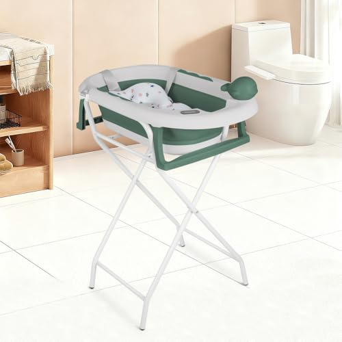 Bañera de bebé plegable en pie, bañera grande plegable con soporte, termómetro, alfombra de baño y kit de drenaje verde, 55x40x90 cm)