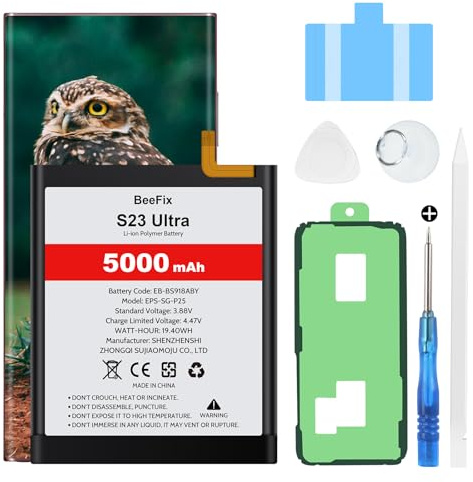 Beefix Batterie de rechange haute capacité pour Samsung Galaxy S23 Ultra (SM-S918B), 5000 mAh, pour Galaxy S23 Ultra (EB-BS918ABY) avec outils de réparation professionnels