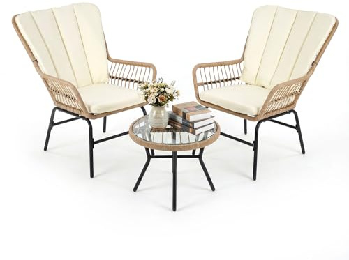 COSTWAY Conjunto Jardin Exterior 3 Piezas de Ratan PE, Conjunto de Patio Bistro de Mimbre con Cojines y Mesa de Centro de Vidrio Templado, Muebles Jardin Terraza Balcon Exterior