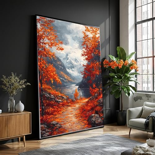 Bild på canvas som visar en bergsväg på hösten, höstlövverk, panoramautsikt över en sjö, apelsinträd, naturväggdekoration (50 x 70 cm/utan ram)