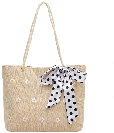ZXTGBQ Stroh Umhängetasche Damen Sommer, Kombiniert mit Einem Gepunkteten Seidenschal, Strohtaschen Damen Boho Stil, Groß Schultertasche Umhängetasche für Urlaub Reisen Strand Sommer