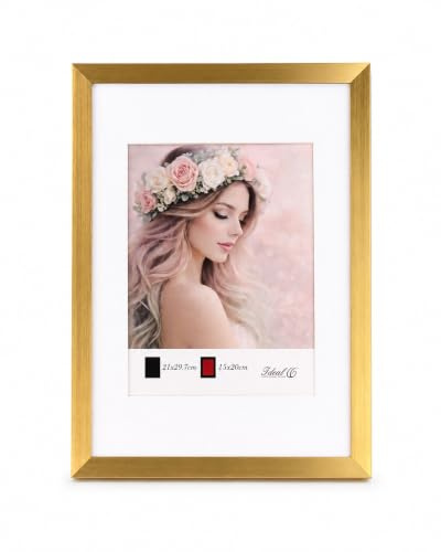Kunststoff Bilderrahmen PVC Modern Style mit gehärtetem Glas & Passepartout Blockprofil Foto Rahmen Hoch- & Querformat: Farbe: Gold | Format: 21x29,7 DIN A4 | Pack: 1