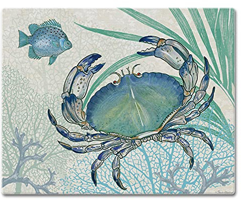 CounterArt Oceana Crab 3mm Tempered Glass Cutting Board 15” x 12” Serving Board Charcuterie Board