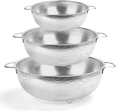 HaWare Colander Set of 3, Stainless Steel Colanders with Handle, Metal Colander Perforated Strainer for Kitchen Pasta/Vegetable/Rice/Fruit/Food - Dishwasher Safe- （16/22/28 cm）
