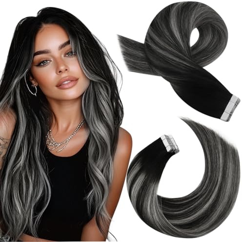 Moresoo Silver Hair Extensions Real Human Hair Tape in 14 Inch Balayage Black and Silver Tape in Real Hair Extensions 20Pcs 50G Straight Thick Extensions Fashion Highlight Color #1B/Silver/1B
