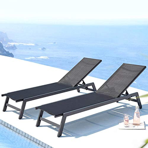 CONCEPT USINE Lot de 2 Transats Prato Gris et Noir 2 roulettes Aluminium | Toile PVC, dossier réglable, déplacement facile, jardin terrasse plage