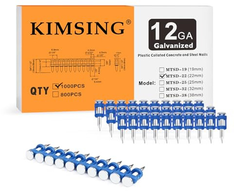 KIMSING MTSD-22 12 calibro 7/8 di pollice X .109 di pollice a gambo liscio perno di azionamento in plastica zincato meccanico per chiodatrice a gas per calcestruzzo e acciaio 1000 PCS/Box (1, Box) | Zincato anticorrosione, striscia di plastica per carico facile, 22mm, per porte, finestre & soffitti