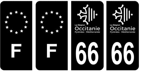 HADEXIA Nummernschild-Aufkleber, französisches Departement 66, Pyrénées-orientalisch, Region Okzitanien, Schwarz & F, Frankreich, Europa, 4 Stück