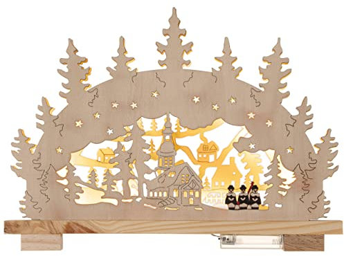 Nipach GmbH Schwibbogen aus Holz 10 LED Lichterbogen Winterlandschaft Leuchtfarbe: warm-weiß Batterien Adventsbogen Weihnachtsbeleuchtung Weihnachtsdeko (40 x 29 cm)