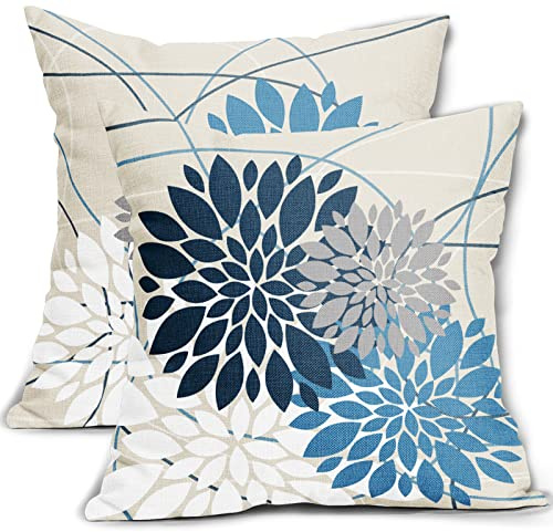 Lot de 2 housses de coussin carrées en lin avec fleurs de dahlia - Bleu foncé et bleu clair - Décoration d'extérieur pour la maison, la chambre à coucher, le salon, l'été - Motif floral